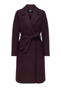 Manteau long en prune foncé pour femme avec de larges revers et une ceinture en tissu nouée à la taille, conçu par ONLY.