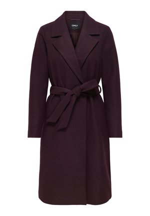 Manteau long en prune foncé pour femme avec de larges revers et une ceinture en tissu nouée à la taille, conçu par ONLY.