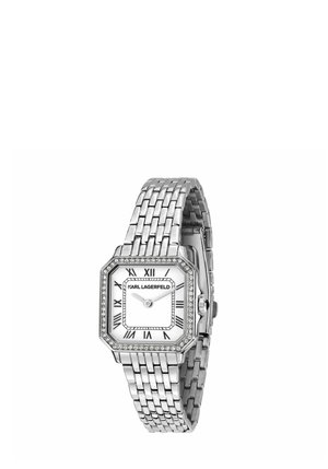 Orologio da polso Karl Lagerfeld argento con quadrante rettangolare, numeri romani, lunetta tempestata di cristalli e cinturino metallico a maglie.