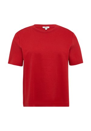 T-shirt rouge à manches courtes, en coton doux, avec un col rond et une coupe droite. Texture lisse sans motifs ni accents visibles.