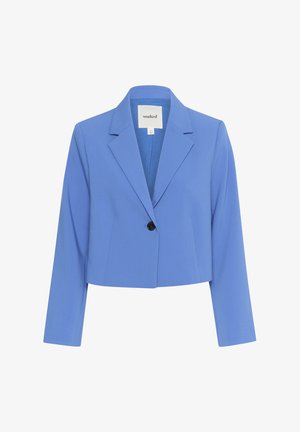 Blazer blu tagliato realizzato in tessuto morbido, con collo a scialle, chiusura con un singolo bottone nero e maniche lunghe.
