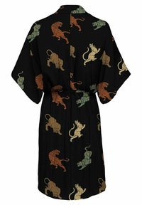 Schwarzer Kimono-Stil Bademantel mit einer Vielzahl von Tigern und Leoparden in Orange, Grün und Beige auf einem glatten Stoff. Inklusive einer Taillenbindung.