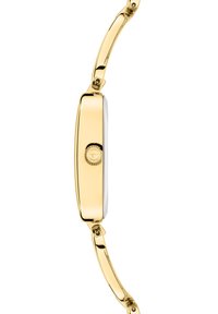 Montre-bracelet dorée avec un boîtier rectangulaire, surface polie et couronne circulaire. Possède un design de bracelet élégant et incurvé.