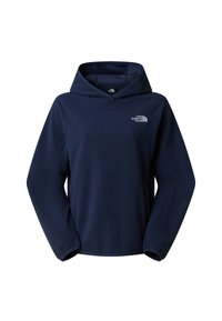 Navyblauer Fleece-Kapuzenpullover mit einer vorderen Kängurutasche, einer Kordelzugkapuze und dem The North Face-Logo in Weiß auf der Brust.