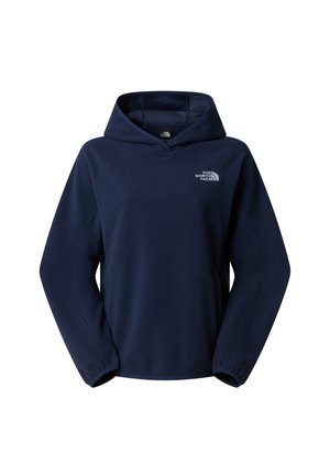 Navy blue fleece hoodie with a front kangaroo pocket, drawstring hood, and The North Face logo on the chest in white.