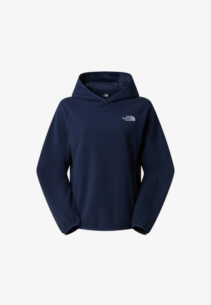 Marineblauwe fleece hoodie met een kangoeroezak aan de voorkant, verstelbare capuchon met trekkoord en het logo van The North Face in het wit op de borst.