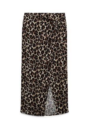 Jupe portefeuille imprimé léopard avec boucle métallique latérale et fente frontale à hauteur du genou, présentant des taches marron et noires sur fond beige.