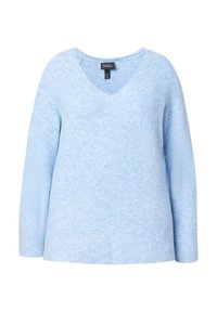 Helles blaues Langarmpullover mit V-Ausschnitt, gerippter Stricktextur und entspannter Passform.