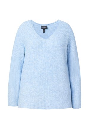 Pull bleu clair à manches longues, avec un col en V, texture tricot côtelée et coupe décontractée.