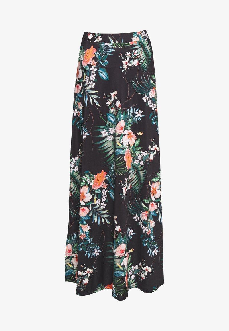 Longue jupe noire avec un imprimé floral tropical coloré comportant de grandes feuilles vertes et des fleurs roses, orange et blanches.