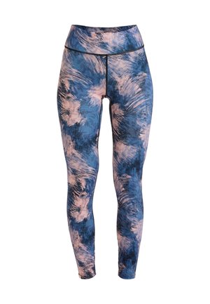 Leggings med et blåt og pink tie-dye mønster, høj talje, strækbart stof og flade sømme for komfort.