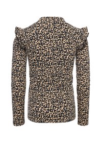 Langsleeve shirt in tan met zwart luipaardprint, met ruffles op de schouders, een gladde textuur en een getailleerde pasvorm.