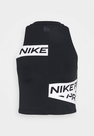 Schwarzes ärmelloses Nike Pro Crop-Top mit weißen diagonalen Textpaneelen und rundem Ausschnitt.
