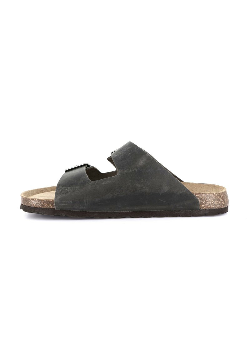 Infradito neri con una fascia ampia, soletta in sughero e suola in gomma testurizzata. Presentano ritagli per traspirabilità e comfort.