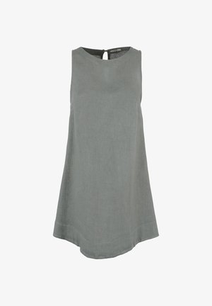 Tunic senza maniche in lino grigio chiaro, con scollo rotondo e chiusura a occhio di chiave sul retro. Presenta un orlo leggermente curvo.