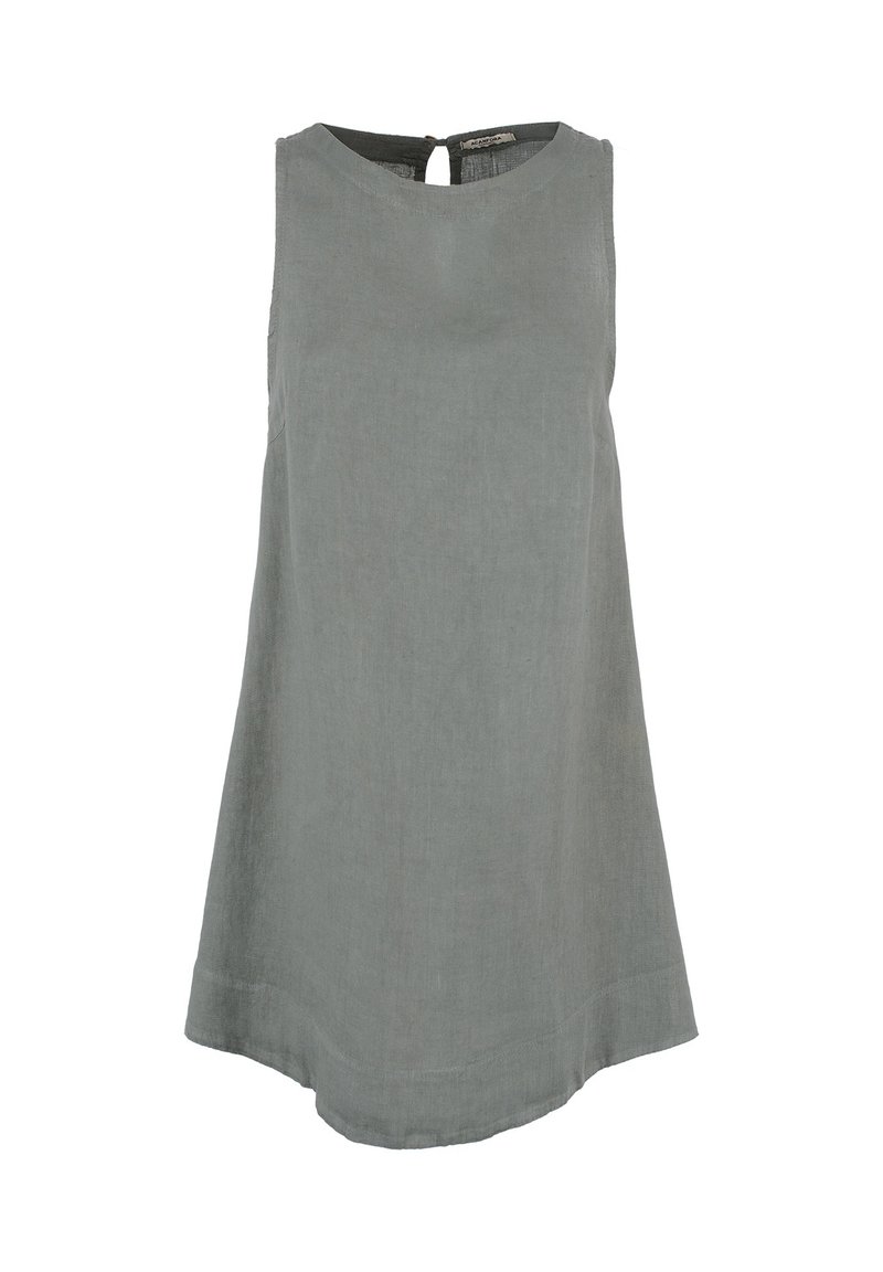 Beżowa bluzka bez rękawów z lnu, z okrągłym dekoltem i zapięciem w kształcie łezki z tyłu. Ma lekko zaokrąglony krój dołu.