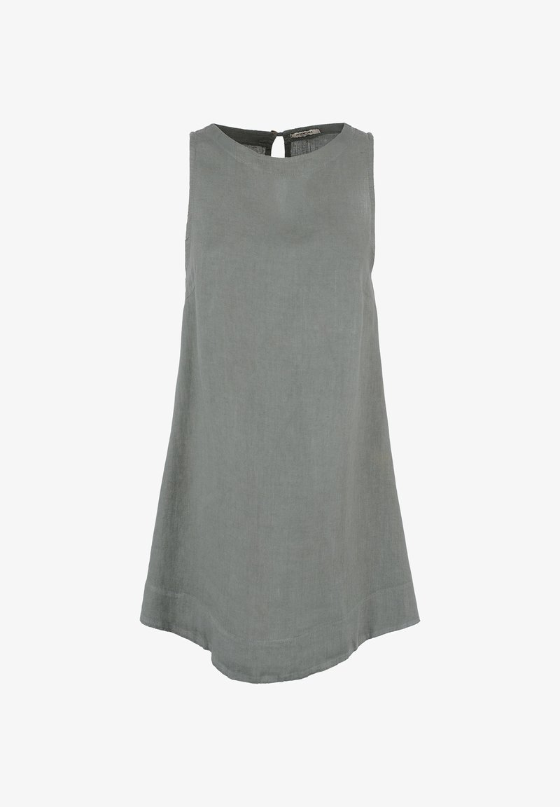 Beżowa bluzka bez rękawów z lnu, z okrągłym dekoltem i zapięciem w kształcie łezki z tyłu. Ma lekko zaokrąglony krój dołu.