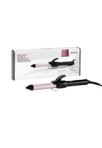 25-mm-Lockenstab mit einem rosa Keramikzylinder und schwarzem Griff. Die Verpackung zeigt den Produktnamen und die Merkmale in fettem rotem Text.