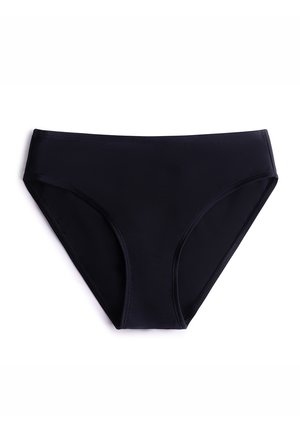Czarna bezszwowa bieliźna damska w stylu bikini z szerokim pasem, przeszywanymi krawędziami i gładkim wykończeniem tkaniny.