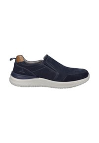 Slip-On-Schuhe aus marineblauem Wildleder mit glatter Oberfläche, weißer Gummisohle, braunem Lederakzent an der Ferse und dekorativer Naht.