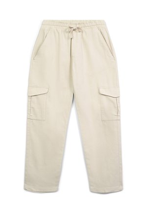 Pantaloni cargo beige con vita elasticizzata, stringa, tasche laterali e tasche a pattina su ciascun coscia, mostrati distesi su uno sfondo bianco.