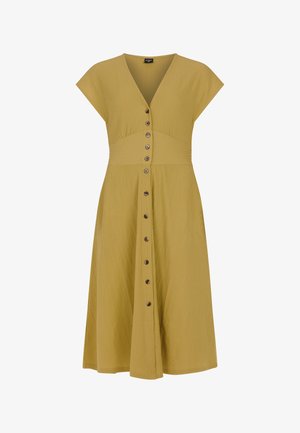 Mosterdgele midi-jurk met kapmouwtjes, V-hals, getailleerde taille en een rij bruine knopen aan de voorkant van boven tot onder.