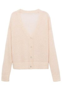 Helles rosa Strickjacke mit V-Ausschnitt, langen Ärmeln, gerippten Bündchen und einer Knopfleiste. Weiche Textur und verkürztes Design.