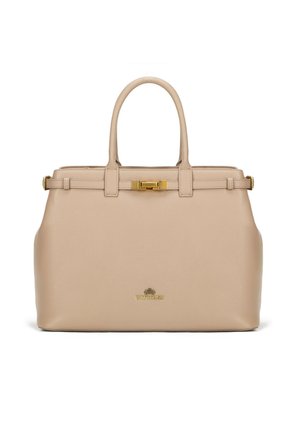 Beige leather handbag with two rounded handles, gold hardware, subtle textured finish, and a front clasp detail. Logo displayed at base.