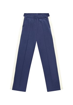 Marineblauwe joggingbroek met witte zijstrepen, elastische tailleband, zakken aan de voorkant en rechte pijpen.