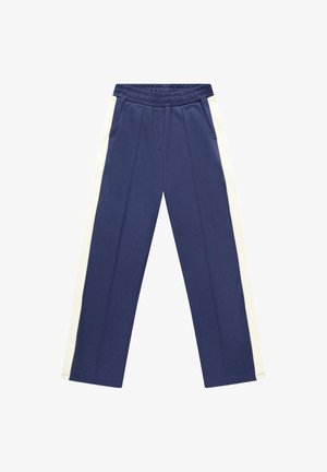 Marineblauwe joggingbroek met witte zijstrepen, elastische tailleband, zakken aan de voorkant en rechte pijpen.