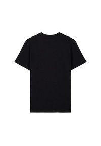 Schwarzes Baumwoll-T-Shirt mit klassischem Rundhalsausschnitt, kurzen Ärmeln und geradem Saum. Die Textur erscheint glatt und ohne sichtbare Muster.