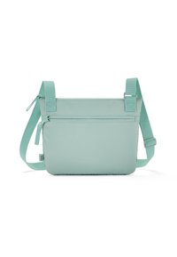 Světle tyrkysová messenger taška vyrobená z odolné tkaniny. Vybavena nastavitelným popruhem, zipovými kapsami a hladkým, elegantním designem. Obdélníkový tvar.