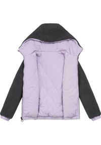 Fleece oderēta jaka ar purpura izliekamu iekšpusi, tumši pelēku ārpusi, pievienotu kapuci un ribinātām aprocēm. Rāvējslēdzēja atvēršana pa priekšu.