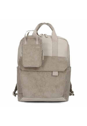 Mochila beige con bolsillo frontal de pana y un pequeño estuche con cremallera a juego, con asas de tela y correas ajustables.