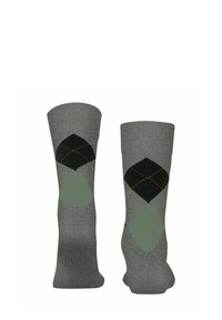 Calze grigie al ginocchio con un motivo a rombi in nero, verde e arancione. Realizzate in materiale morbido con parte superiore a coste.