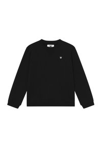Sudadera negra de manga larga hecha de una tela suave. Cuello redondo clásico y puños acanalados con un pequeño logotipo blanco en el pecho.