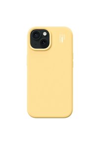 Yellow silicone phone case with cutouts for dual camera lenses. Smooth texture and minimalistic design with branding at the top.