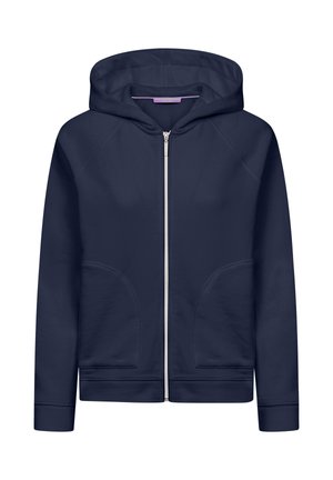Marineblauwe hoodie met volledige ritssluiting, voorzakken en capuchon, met een zilveren rits in het midden.