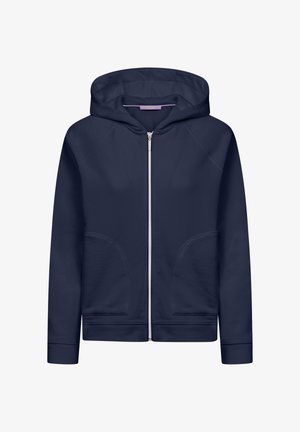 Marineblauwe hoodie met volledige ritssluiting, voorzakken en capuchon, met een zilveren rits in het midden.