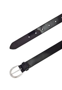Black glossy leather belt with a silver metal prong buckle and multiple adjustment holes on a white background.