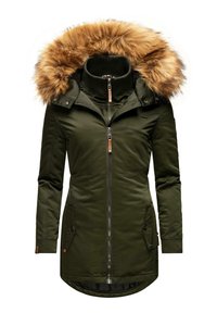 Olijfgroene parka met een afneembare nepbontcapuchon, rits- en drukknoopsluitingen, zijzakken en een gebogen zoom voor extra dekking.