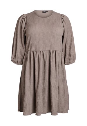 Brown textured dress with short puff sleeves and a round neckline. Features a gathered waist and flowing skirt.