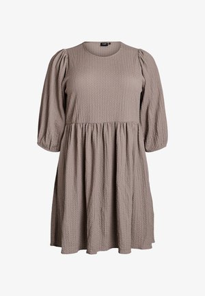 Brown textured dress with short puff sleeves and a round neckline. Features a gathered waist and flowing skirt.