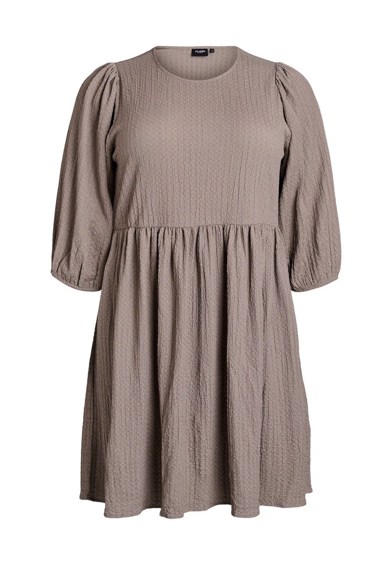 Brown textured dress with short puff sleeves and a round neckline. Features a gathered waist and flowing skirt.