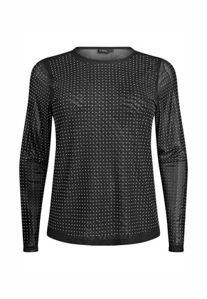 Črn dolgi rokav s prosojno tkanino in srebrnimi kamnitimi detajli po celotni površini, okroglo ovratnik in prilegajoča zasnova. Gladka tekstura.