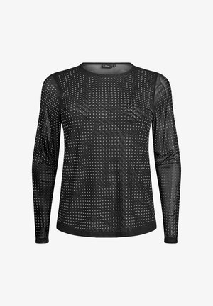 Črn dolgi rokav s prosojno tkanino in srebrnimi kamnitimi detajli po celotni površini, okroglo ovratnik in prilegajoča zasnova. Gladka tekstura.