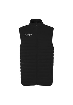 Sort ærmeløs vest med høj krave, quiltet tekstur, frontlynlås og sidelommer; har et sølvfarvet "Kempa"-logo på brystet.