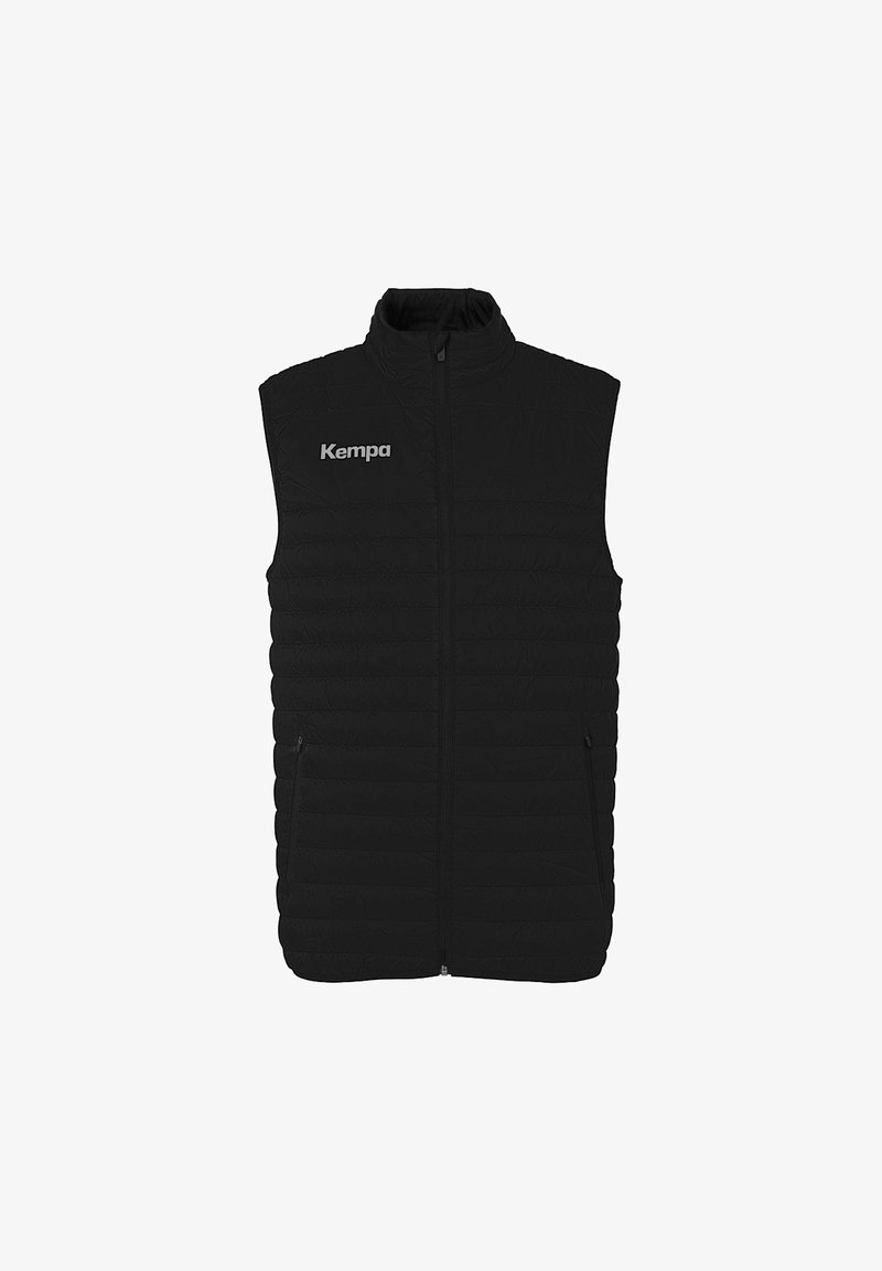 Black sleeveless vest with a high collar, quilted texture, front zipper, and side pockets; features a silver "Kempa" logo on the chest.