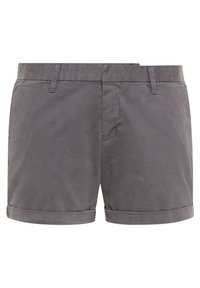 Harmaat puuvillahousut suoran leikkauksen kanssa, joissa on käänteet, sivutaskut ja sileä pinta. Suunniteltu arkikäyttöön.