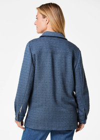 Blue textured jacket with a collar, buttoned cuffs, and a straight cut. Features subtle patterns and a back yoke detail for added design.